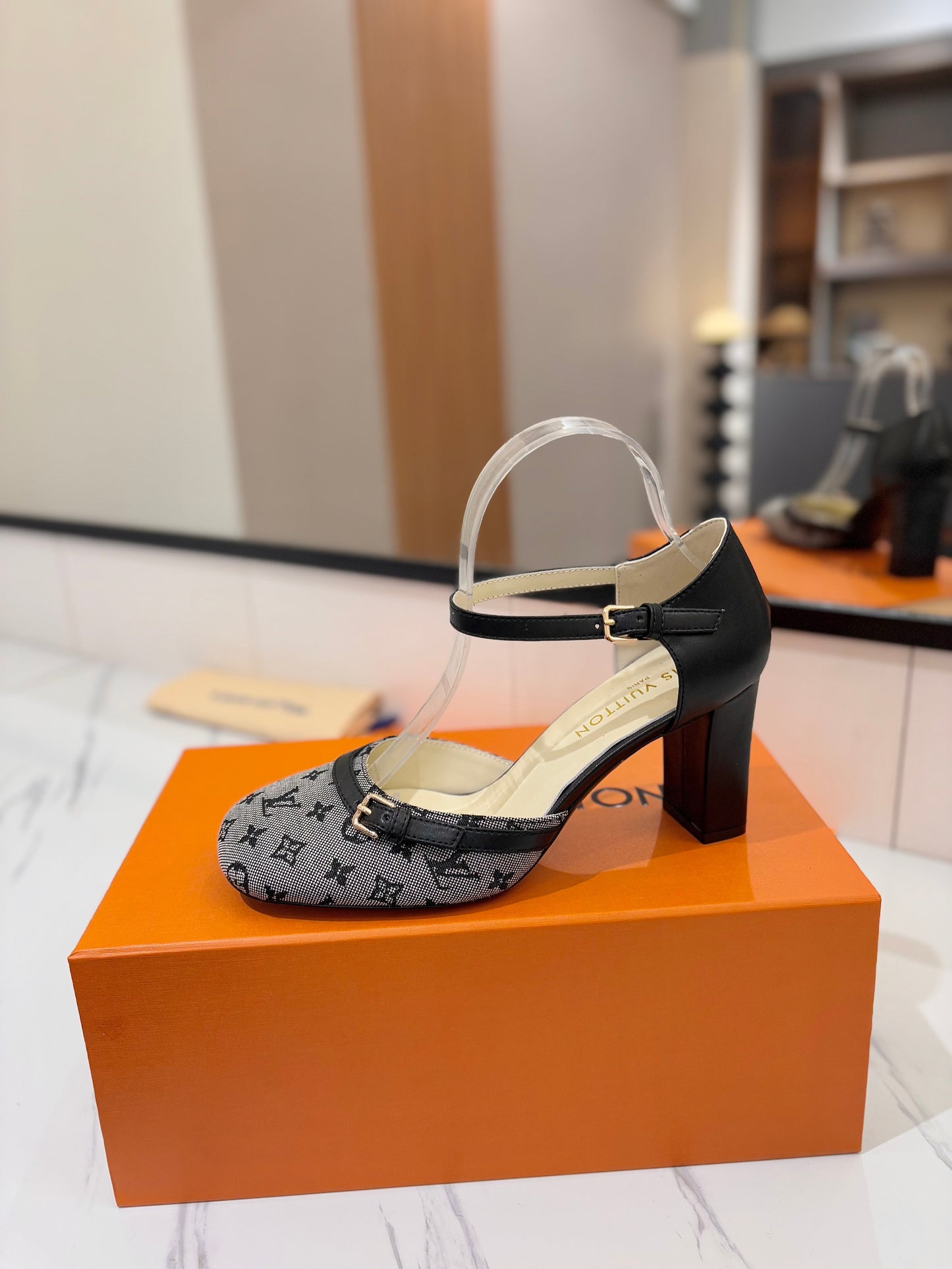 LOUIS VUITTON HIGH SANDALS 8 CM IN COOL GRAY MONOGRAM DENIM AND BLACK CALFSKIN