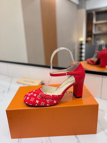 LOUIS VUITTON HIGH SANDALS 8 CM IN CHERRY RED MONOGRAM DENIM
