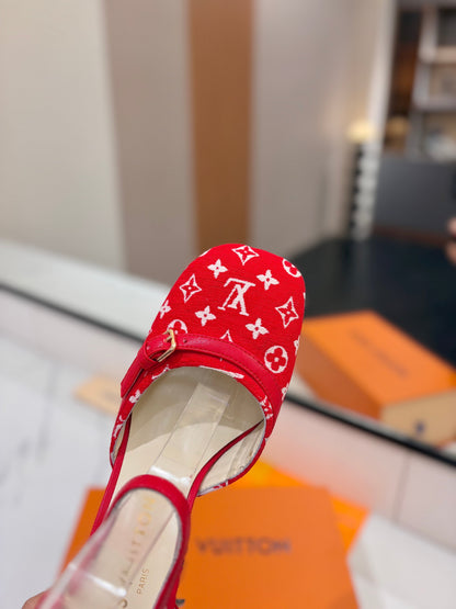 LOUIS VUITTON HIGH SANDALS 8 CM IN CHERRY RED MONOGRAM DENIM