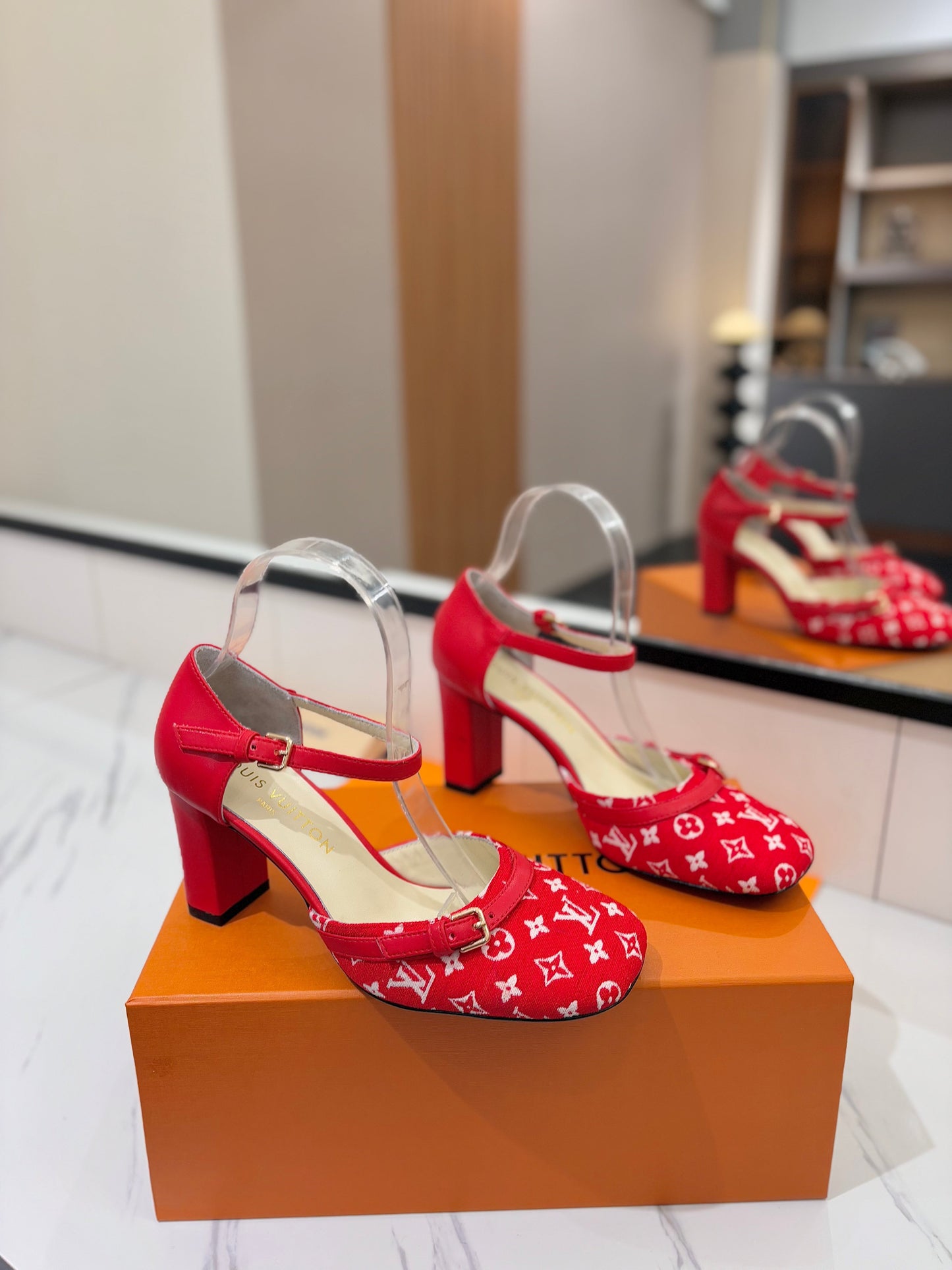 LOUIS VUITTON HIGH SANDALS 8 CM IN CHERRY RED MONOGRAM DENIM