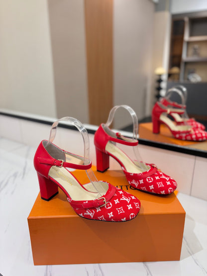 LOUIS VUITTON HIGH SANDALS 8 CM IN CHERRY RED MONOGRAM DENIM