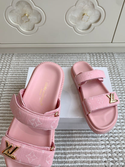 LOUIS VUITTON LV TWO-STRAP SANDALS 25S IN LIGHT PINK DENIM AND CALFSKIN WITH GOLD HARDWARE