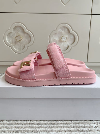 LOUIS VUITTON LV TWO-STRAP SANDALS 25S IN LIGHT PINK DENIM AND CALFSKIN WITH GOLD HARDWARE