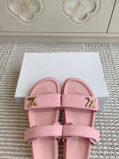 LOUIS VUITTON LV TWO-STRAP SANDALS 25S IN LIGHT PINK DENIM AND CALFSKIN WITH GOLD HARDWARE