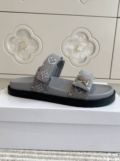 LOUIS VUITTON LV TWO-STRAP SANDALS 25S IN GREY DENIM AND CALFSKIN WITH SILVER HARDWARE