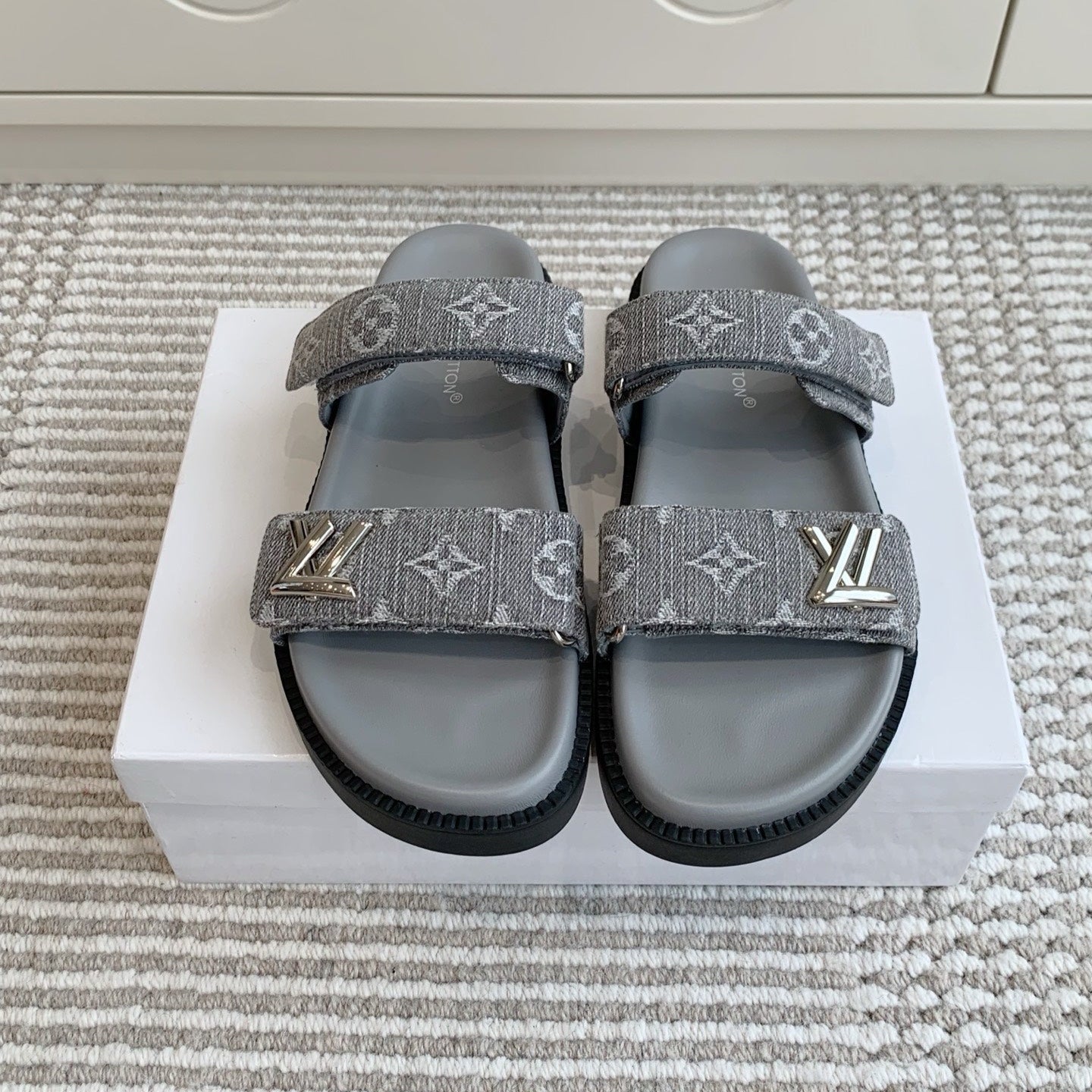 LOUIS VUITTON LV TWO-STRAP SANDALS 25S IN GREY DENIM AND CALFSKIN WITH SILVER HARDWARE