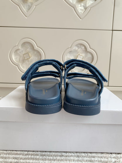 LOUIS VUITTON LV TWO-STRAP SANDALS 25S IN BLUE DENIM AND CALFSKIN WITH GOLD HARDWARE