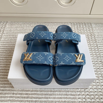 LOUIS VUITTON LV TWO-STRAP SANDALS 25S IN BLUE DENIM AND CALFSKIN WITH GOLD HARDWARE