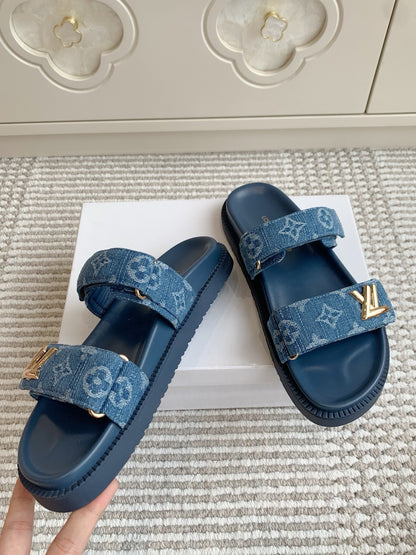 LOUIS VUITTON LV TWO-STRAP SANDALS 25S IN BLUE DENIM AND CALFSKIN WITH GOLD HARDWARE