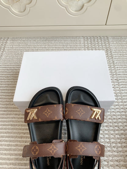 LOUIS VUITTON LV SANDALS 25S IN BROWN MIX BLACK CALFSKIN WITH GOLD HARDWARE