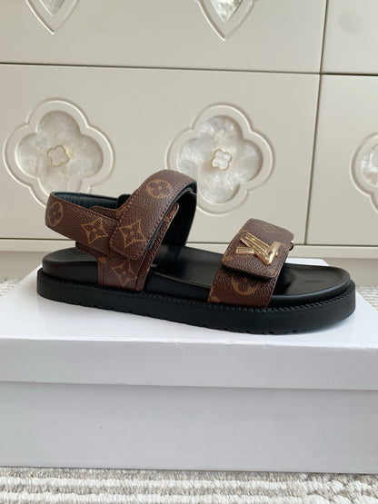 LOUIS VUITTON LV SANDALS 25S IN BROWN MIX BLACK CALFSKIN WITH GOLD HARDWARE