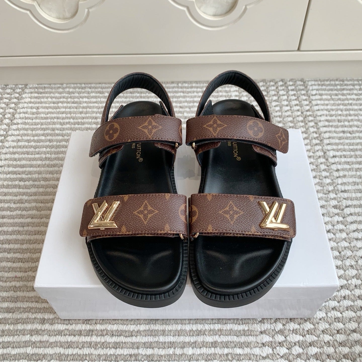 LOUIS VUITTON LV SANDALS 25S IN BROWN MIX BLACK CALFSKIN WITH GOLD HARDWARE
