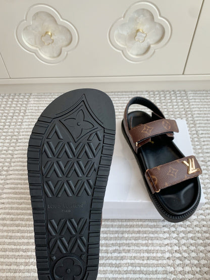 LOUIS VUITTON LV SANDALS 25S IN BROWN MIX BLACK CALFSKIN WITH GOLD HARDWARE