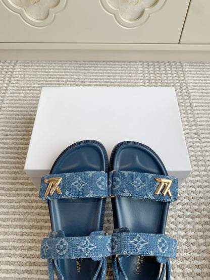 LOUIS VUITTON LV SANDALS 25S IN BLUE DENIM AND CALFSKIN WITH GOLD HARDWARE