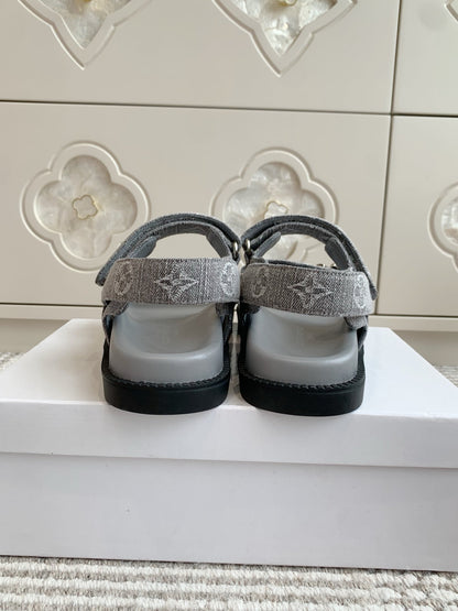 LOUIS VUITTON LV SANDALS 25S IN GREY DENIM AND CALFSKIN WITH SILVER HARDWARE