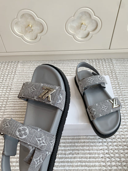 LOUIS VUITTON LV SANDALS 25S IN GREY DENIM AND CALFSKIN WITH SILVER HARDWARE