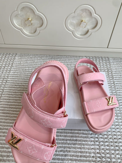 LOUIS VUITTON LV SANDALS 25S IN LIGHT PINK DENIM AND CALFSKIN WITH GOLD HARDWARE