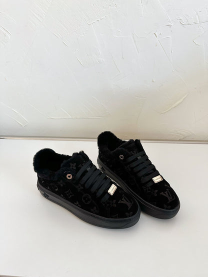LOUIS VUITTON TIME OUT SNEAKER IN BLACK MONOGRAM EMBOSSED SUEDE WITH FLEECE LINING