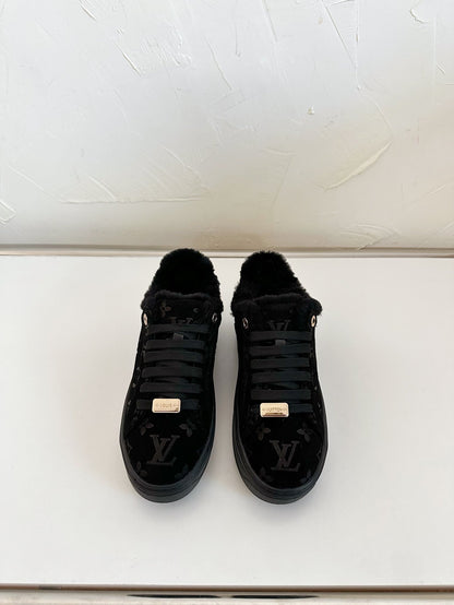 LOUIS VUITTON TIME OUT SNEAKER IN BLACK MONOGRAM EMBOSSED SUEDE WITH FLEECE LINING