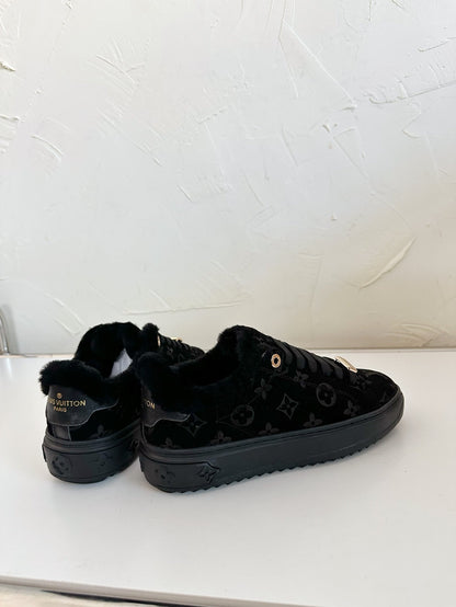 LOUIS VUITTON TIME OUT SNEAKER IN BLACK MONOGRAM EMBOSSED SUEDE WITH FLEECE LINING