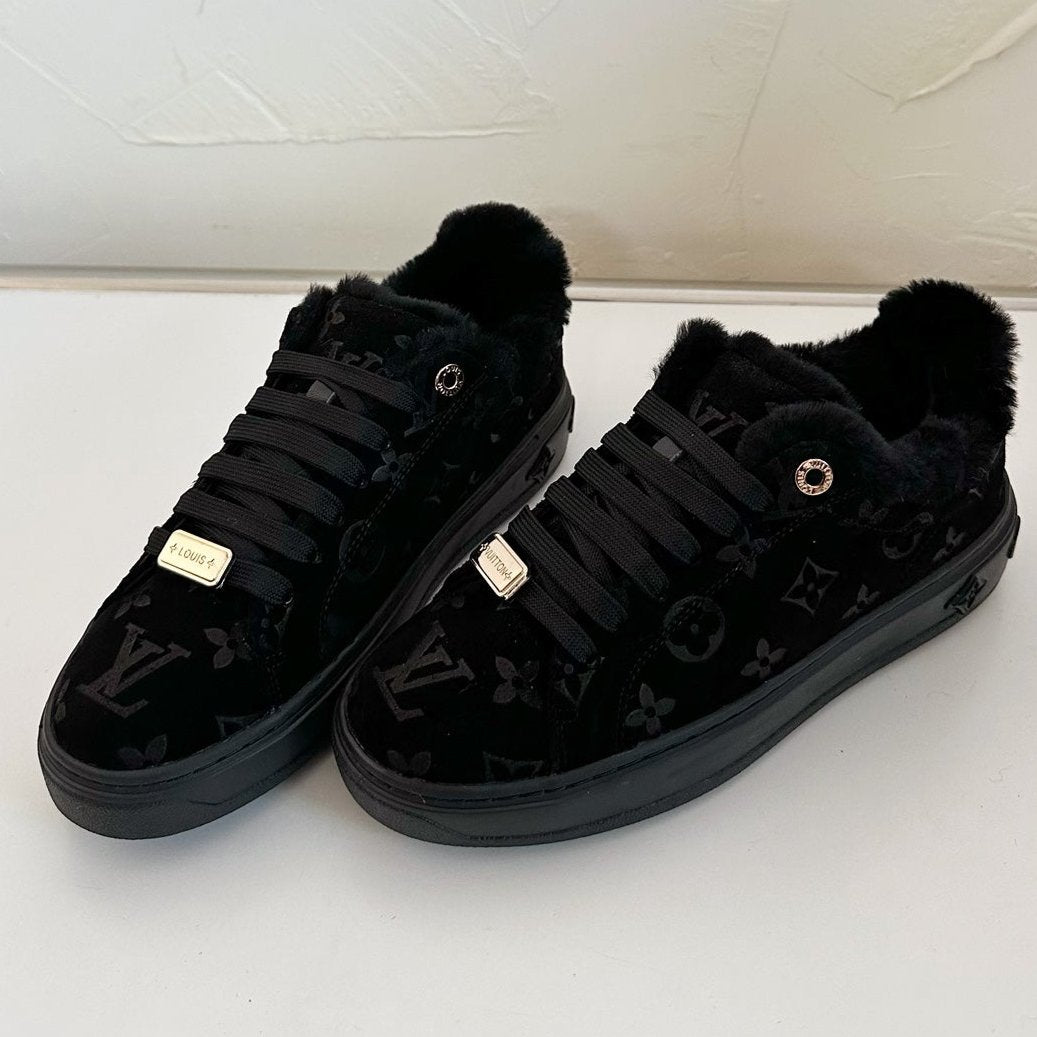 LOUIS VUITTON TIME OUT SNEAKER IN BLACK MONOGRAM EMBOSSED SUEDE WITH FLEECE LINING