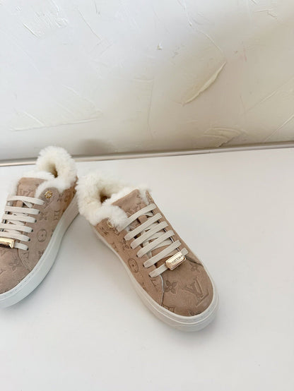 LOUIS VUITTON TIME OUT SNEAKER IN DESERT BROWN MONOGRAM EMBOSSED SUEDE WITH FLEECE LINING