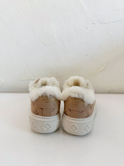 LOUIS VUITTON TIME OUT SNEAKER IN DESERT BROWN MONOGRAM EMBOSSED SUEDE WITH FLEECE LINING