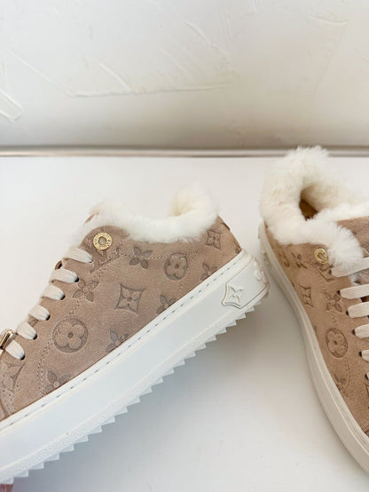 LOUIS VUITTON TIME OUT SNEAKER IN DESERT BROWN MONOGRAM EMBOSSED SUEDE WITH FLEECE LINING