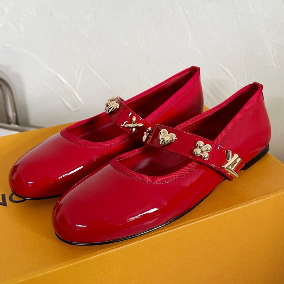 LOUIS VUITTON ROMY FLAT BALLERINA IN RUBY RED PATENT CALFSKIN