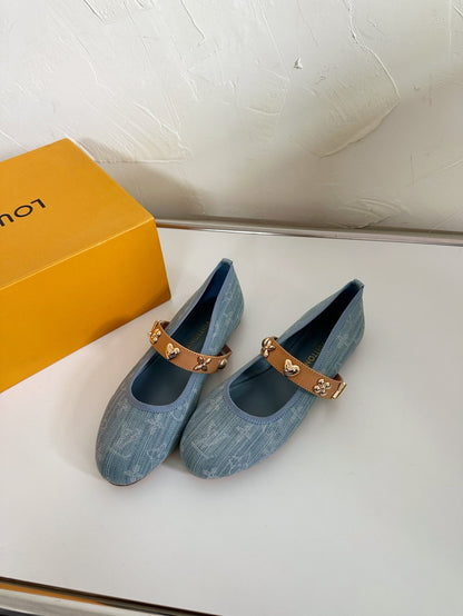 LOUIS VUITTON ROMY FLAT BALLERINA IN LIGHT BLUE MONOGRAM DENIM