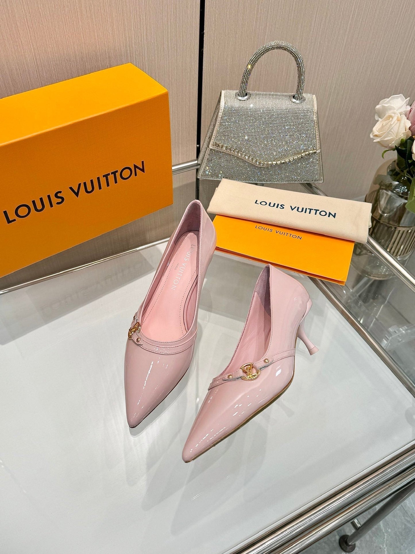 LOUIS VUITTON 6AM HIGH HEELS 55 MM IN LIGHT PINK PATENT LAMBSKIN