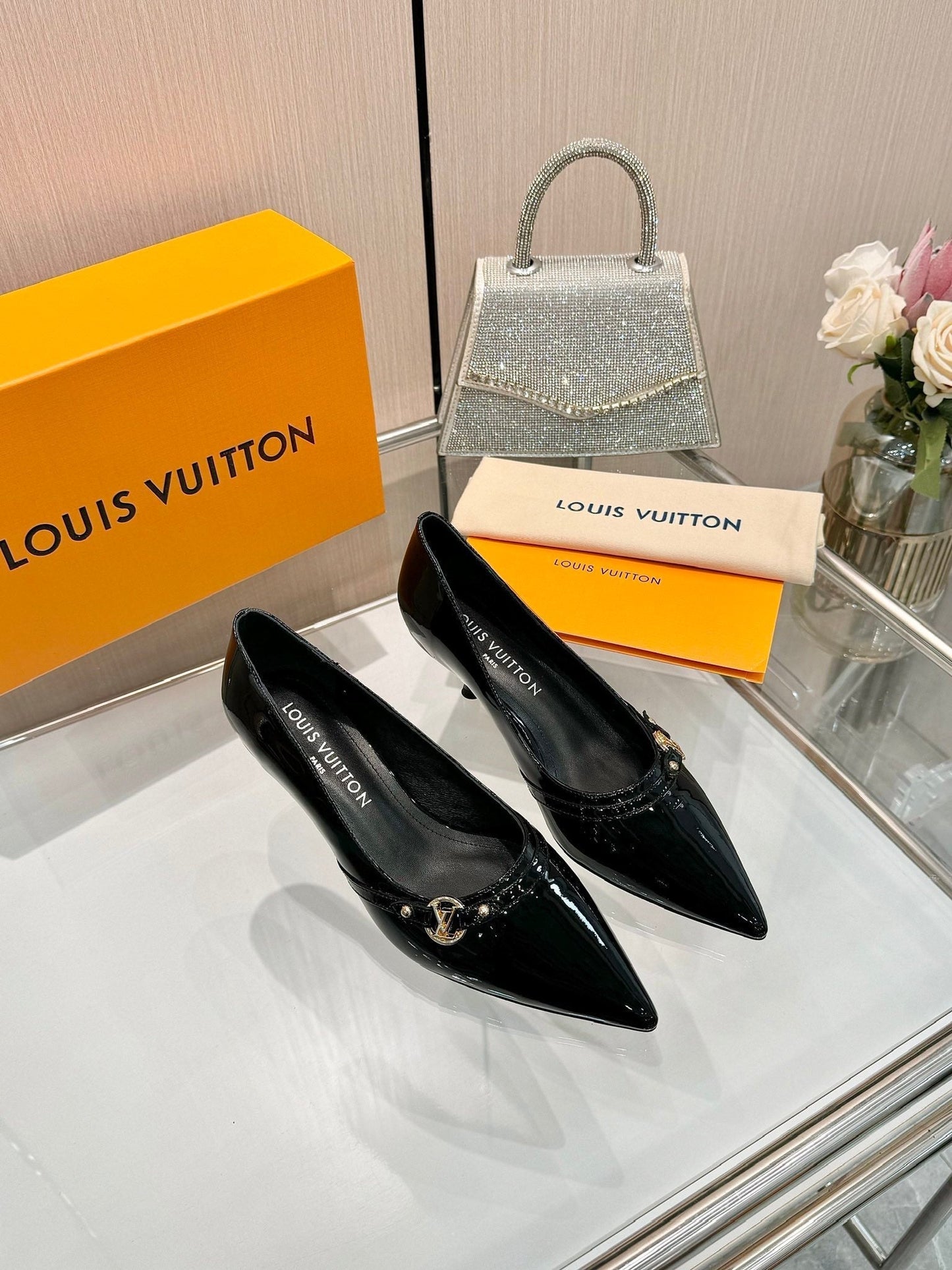 LOUIS VUITTON 6AM HIGH HEELS 55 MM IN BLACK PATENT LAMBSKIN