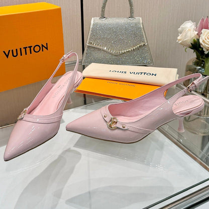 LOUIS VUITTON 6AM SLINGBACK HIGH HEELS 55 MM IN LIGHT PINK PATENT LAMBSKIN