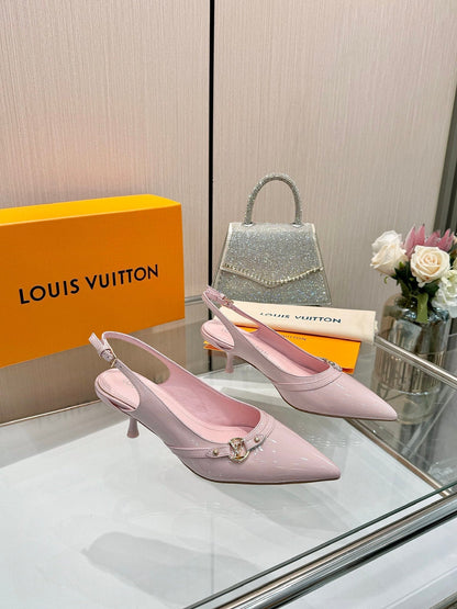 LOUIS VUITTON 6AM SLINGBACK HIGH HEELS 55 MM IN LIGHT PINK PATENT LAMBSKIN