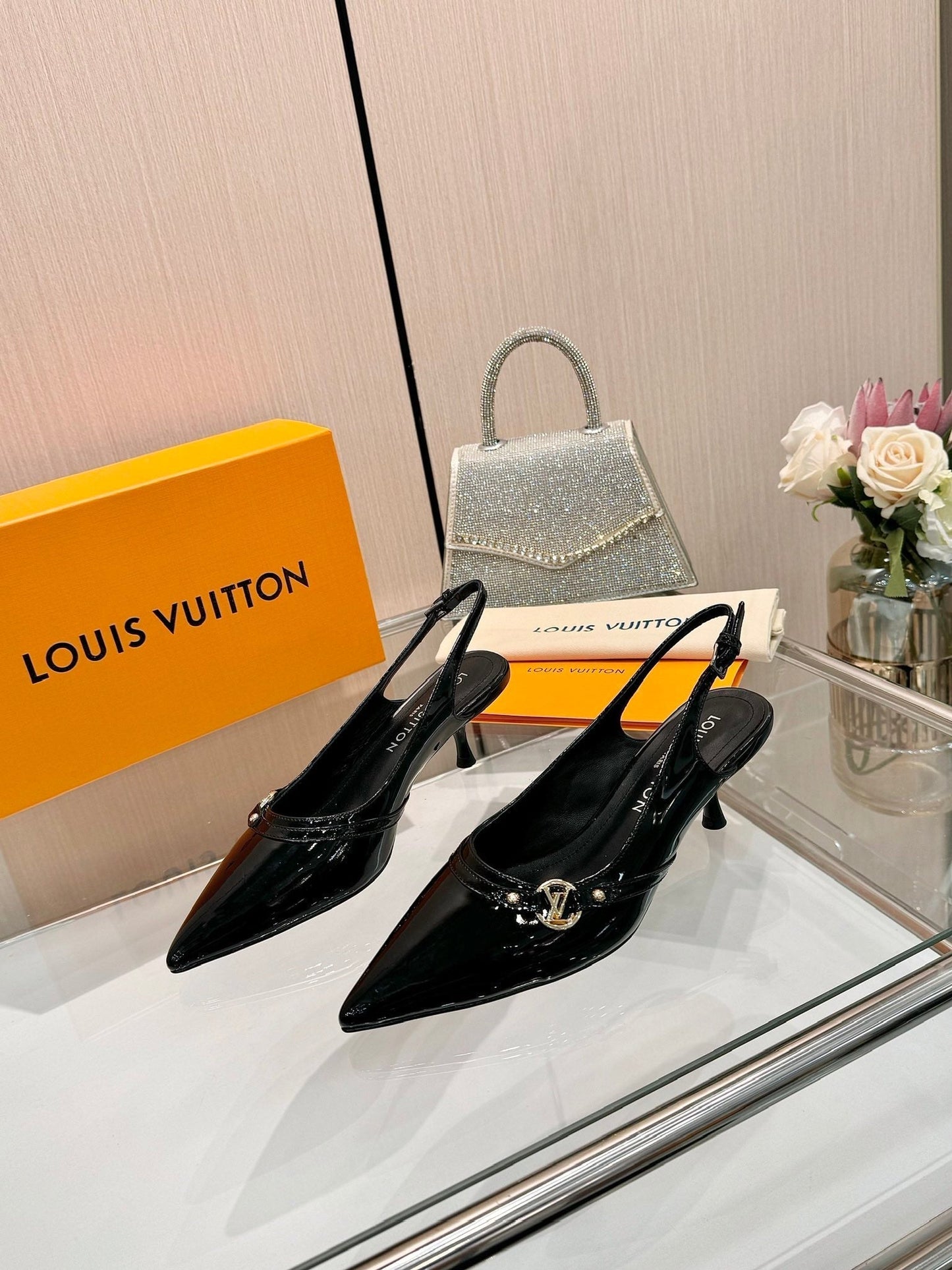 LOUIS VUITTON 6AM SLINGBACK HIGH HEELS 55 MM IN BLACK PATENT LAMBSKIN