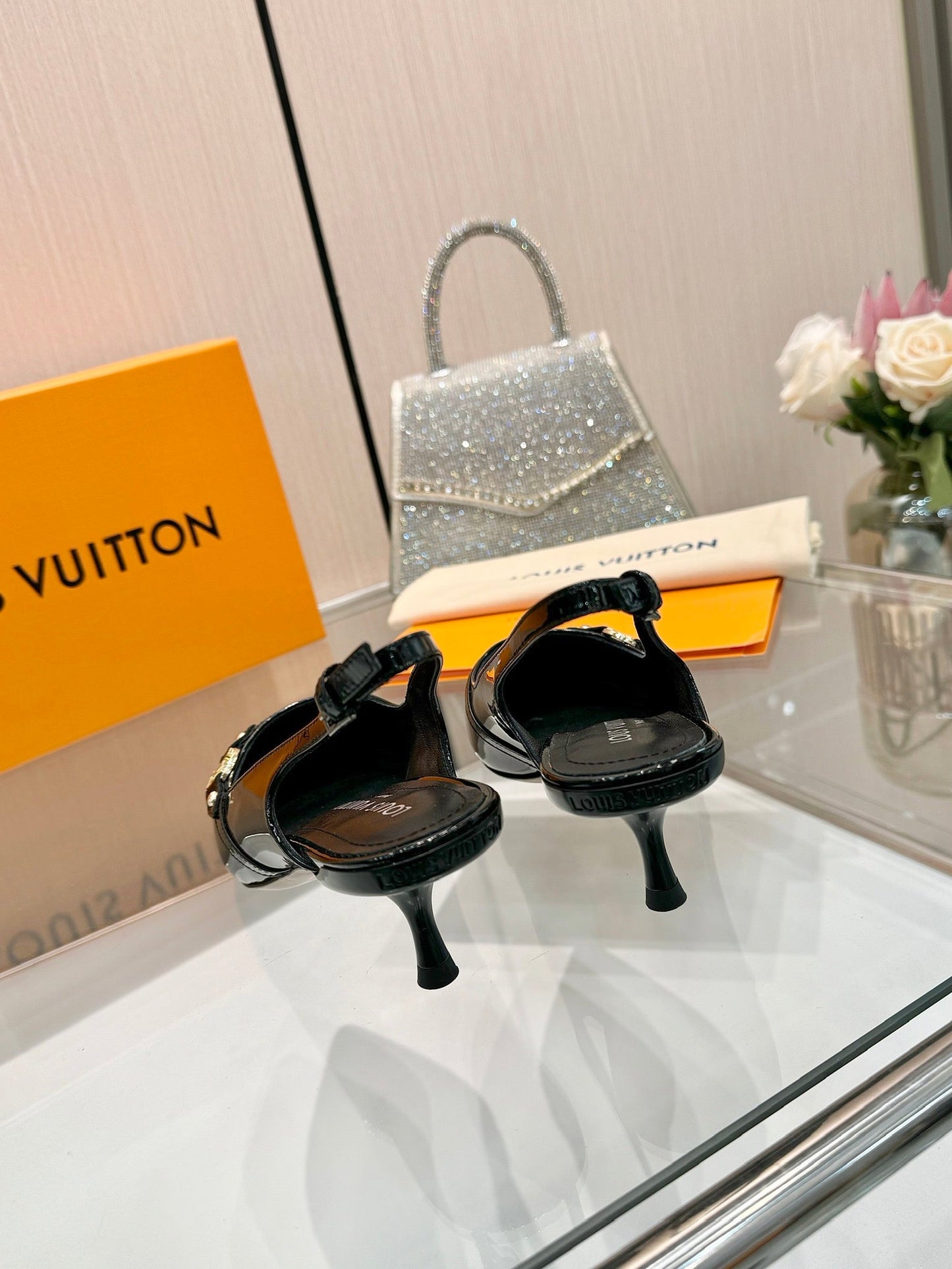 LOUIS VUITTON 6AM SLINGBACK HIGH HEELS 55 MM IN BLACK PATENT LAMBSKIN
