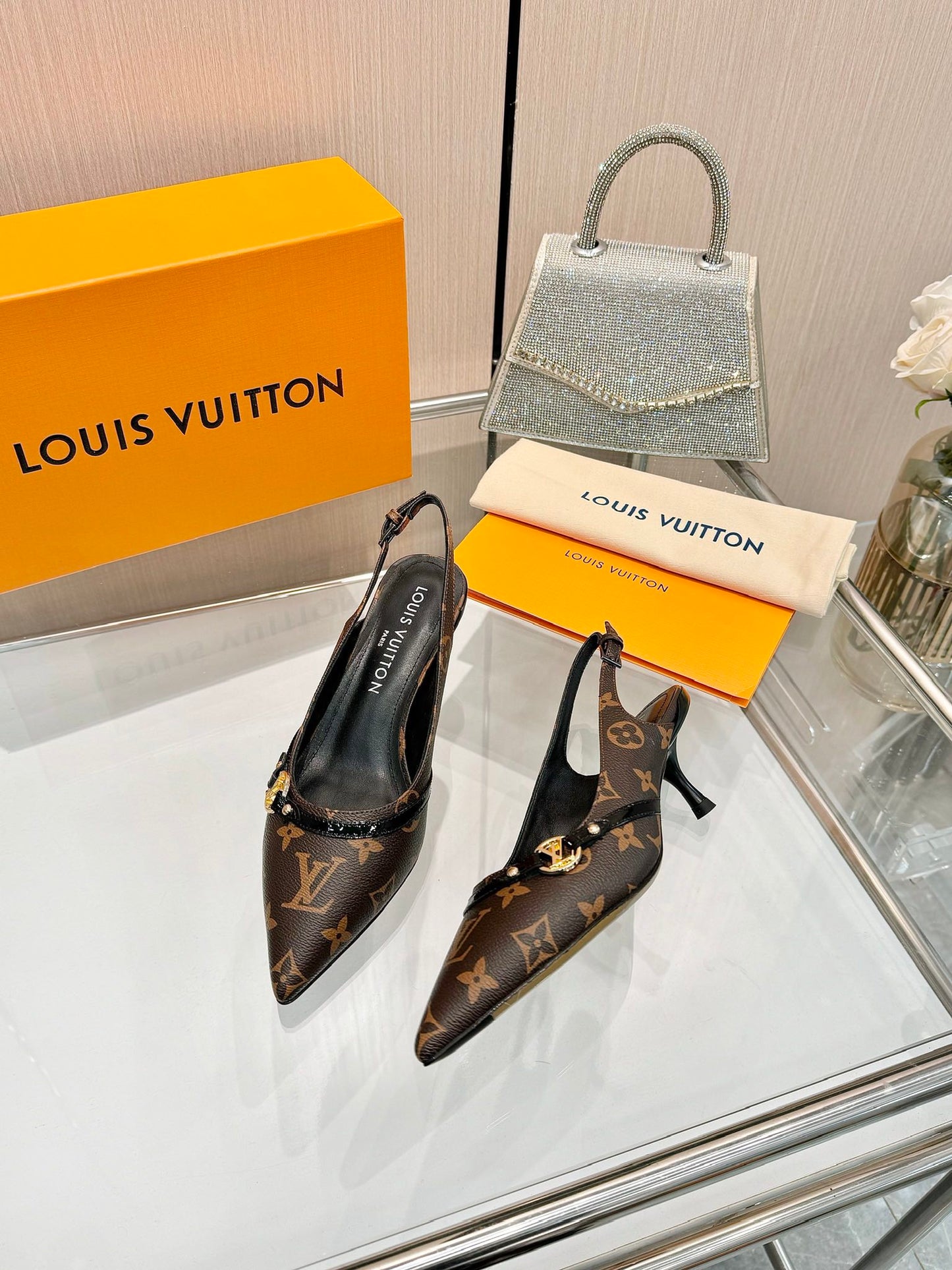 LOUIS VUITTON 6AM SLINGBACK HIGH HEELS 55 MM IN CHOCOLATE BROWN MONOGRAM LAMBSKIN
