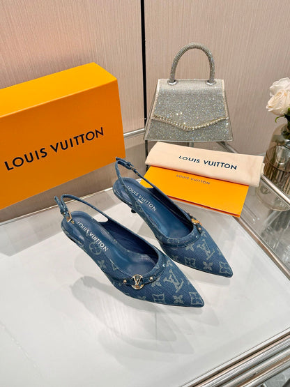 LOUIS VUITTON 6AM SLINGBACK HIGH HEELS 55 MM IN CLASSIC BLUE MONOGRAM DENIM