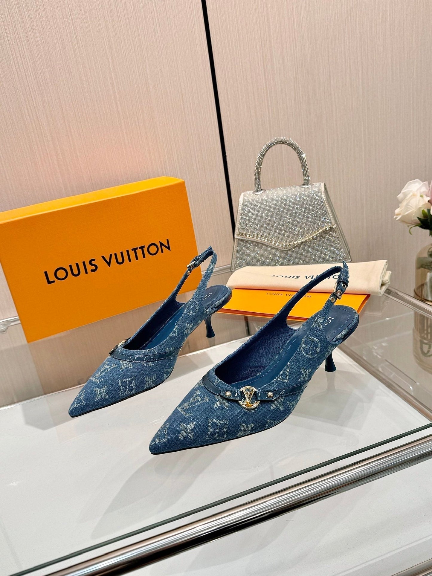 LOUIS VUITTON 6AM SLINGBACK HIGH HEELS 55 MM IN CLASSIC BLUE MONOGRAM DENIM