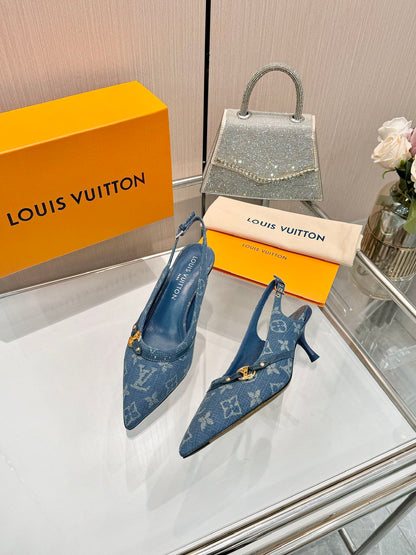 LOUIS VUITTON 6AM SLINGBACK HIGH HEELS 55 MM IN CLASSIC BLUE MONOGRAM DENIM