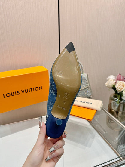 LOUIS VUITTON 6AM SLINGBACK HIGH HEELS 55 MM IN CLASSIC BLUE MONOGRAM DENIM