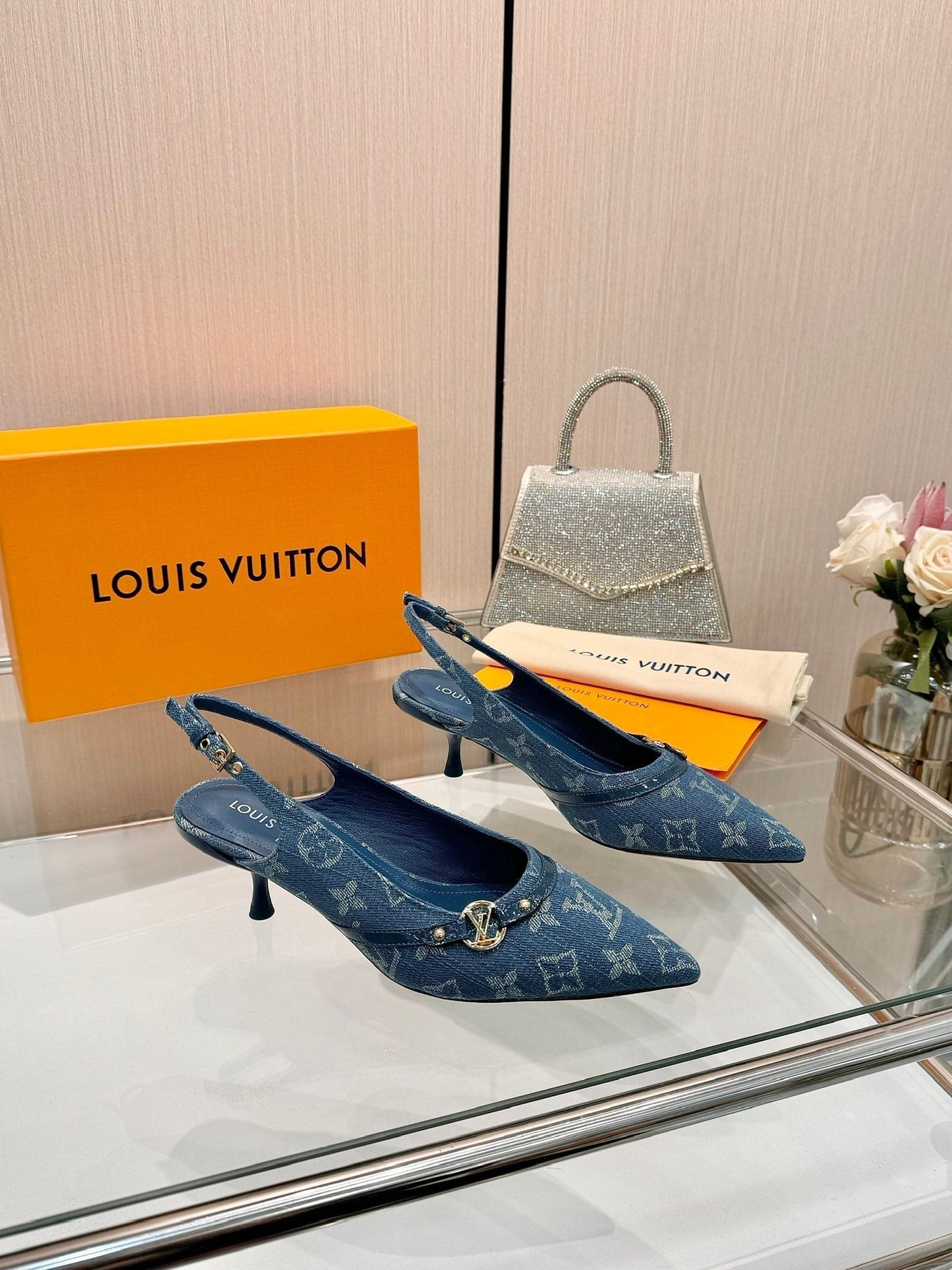LOUIS VUITTON 6AM SLINGBACK HIGH HEELS 55 MM IN CLASSIC BLUE MONOGRAM DENIM