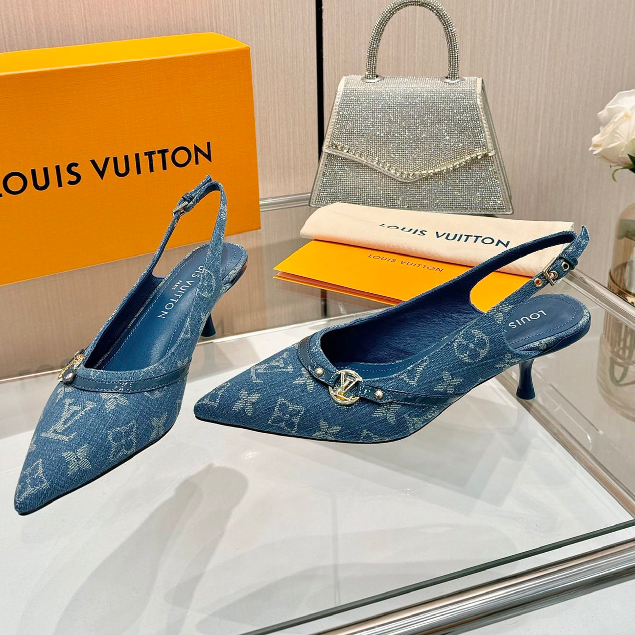 LOUIS VUITTON 6AM SLINGBACK HIGH HEELS 55 MM IN CLASSIC BLUE MONOGRAM DENIM