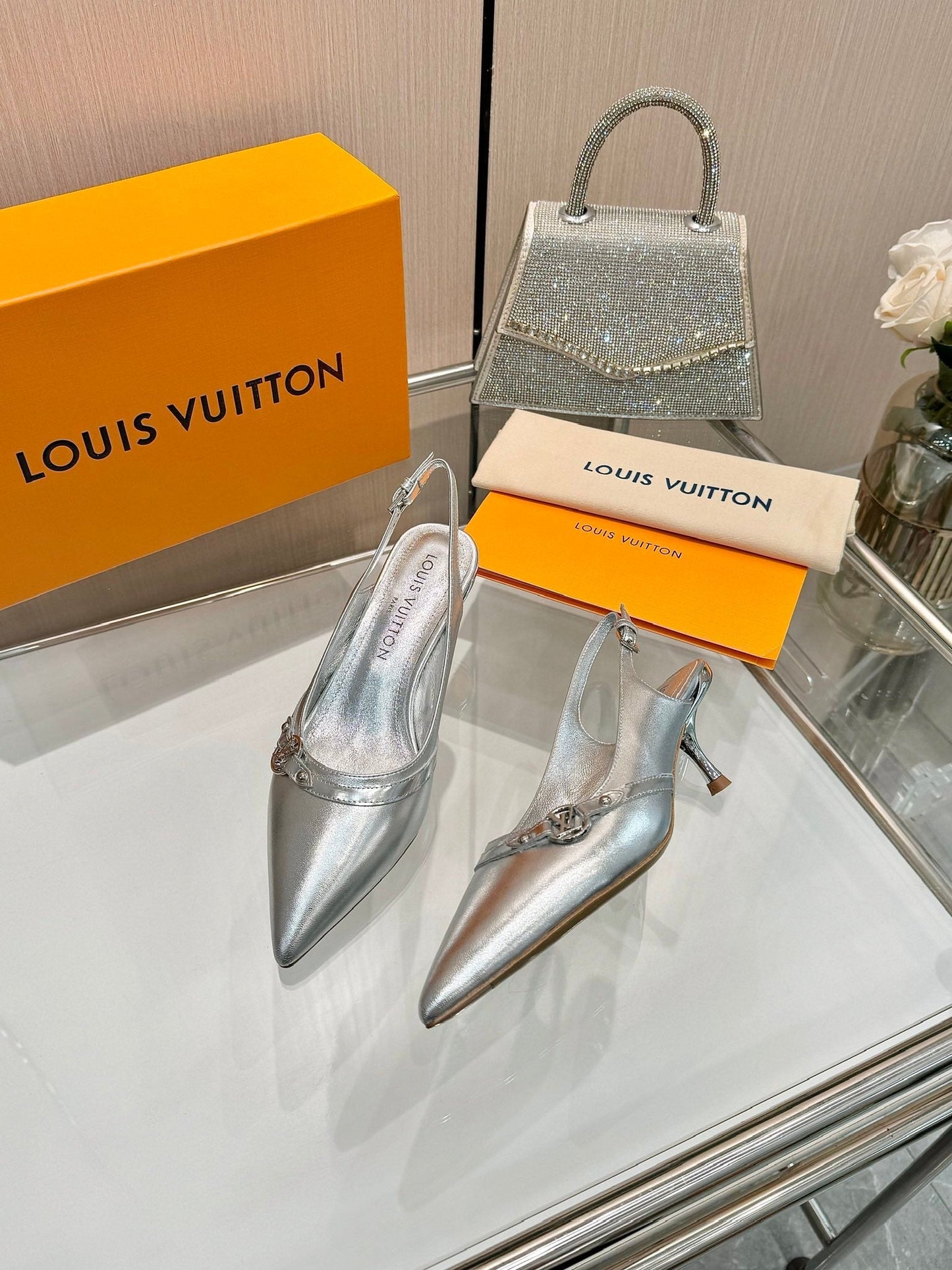 LOUIS VUITTON 6AM SLINGBACK HIGH HEELS 55 MM IN SILVER LAMBSKIN