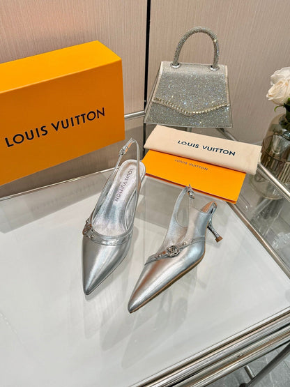 LOUIS VUITTON 6AM SLINGBACK HIGH HEELS 55 MM IN SILVER LAMBSKIN