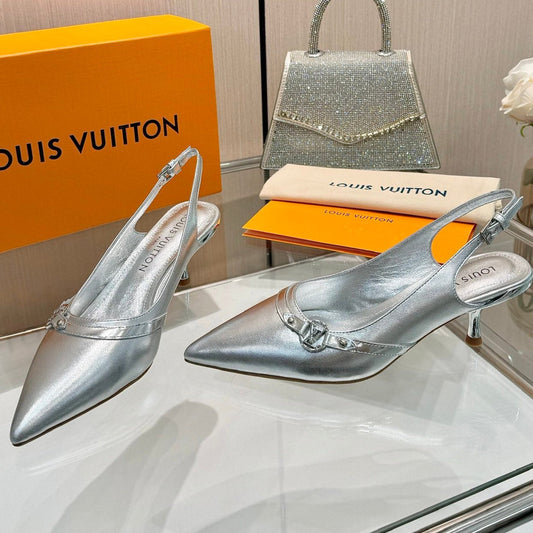 LOUIS VUITTON 6AM SLINGBACK HIGH HEELS 55 MM IN SILVER LAMBSKIN