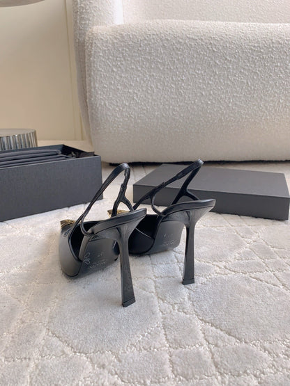 LOUIS VUITTON HIGH HEEL 10 CM SLINGBACK IN BLACK CALFSKIN WITH GOLD HARDWARE