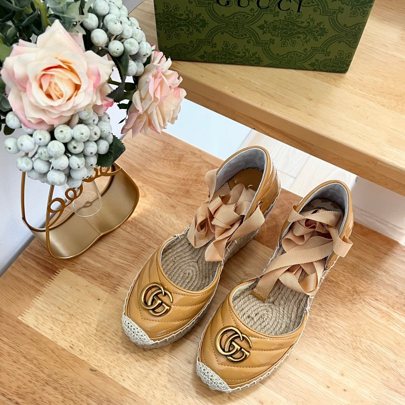 GUCCI Crochet platform Espadrilles Blush Amber Yellow