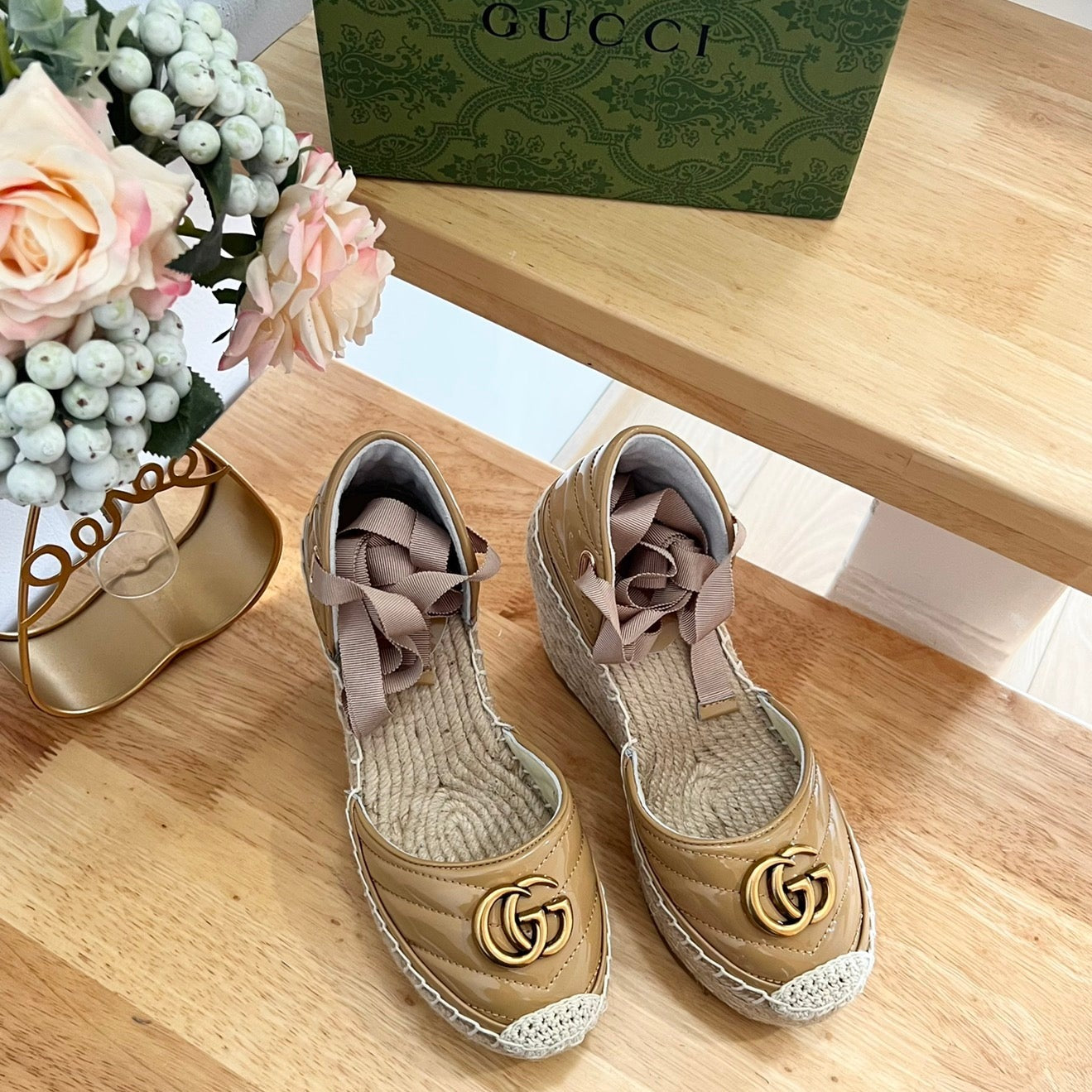 GUCCI Crochet platform Espadrilles Saddle Brown