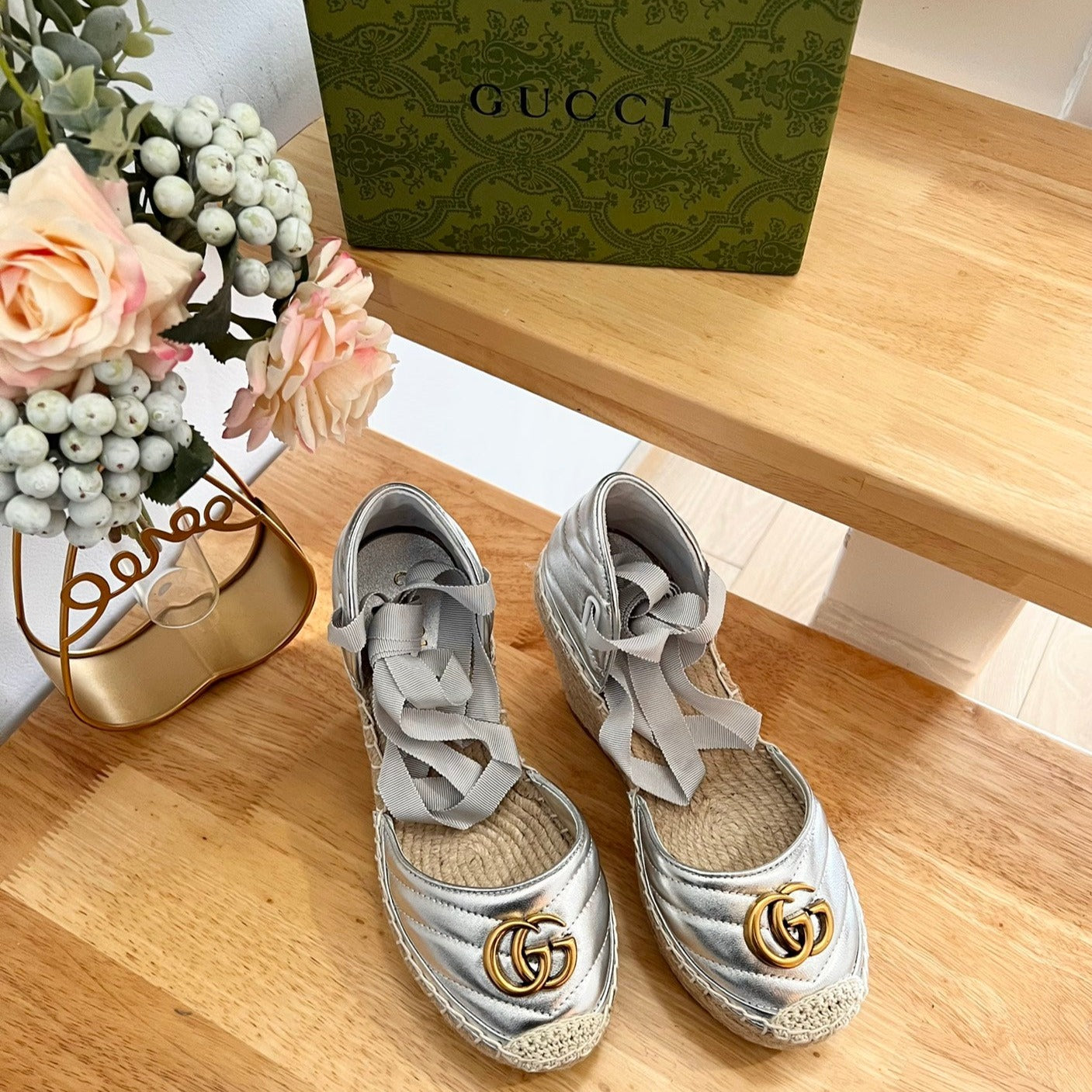 GUCCI Crochet platform Espadrilles Silver
